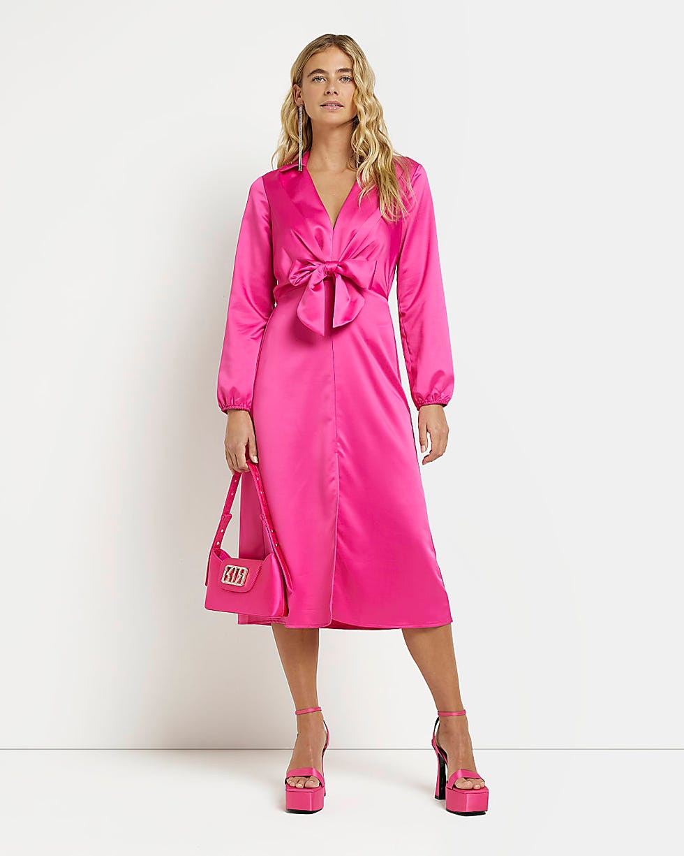 Pink Bow Detail Midi Shirt Dress