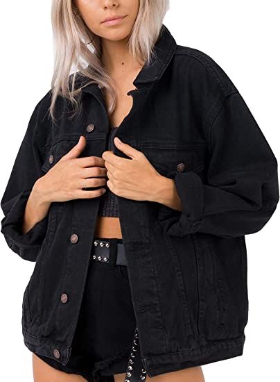 Omoone Women's Oversized Mid Long Denim Jacket Jean Biker Coat (0199-Black-XS)  at Amazon Women's Coats Shop