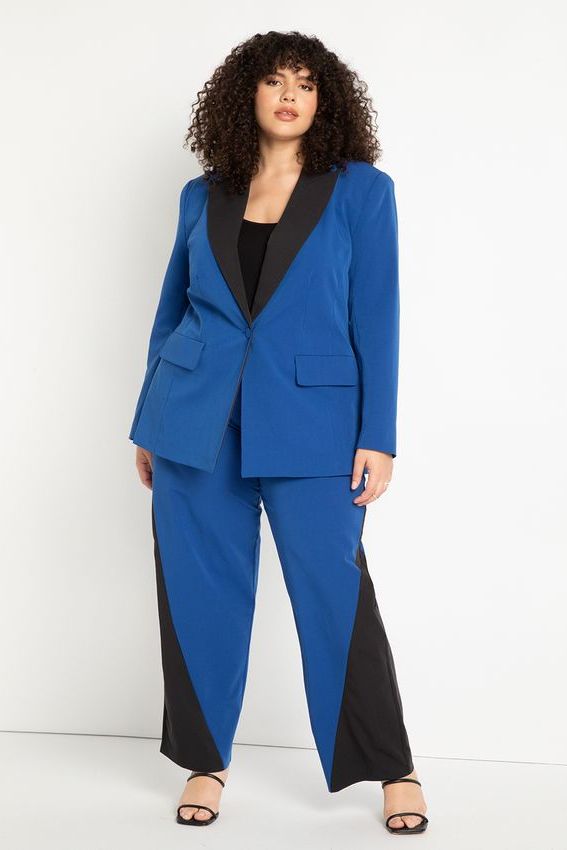 Women Formal Blazer And Pant Suit Red Black Blue With Slanted