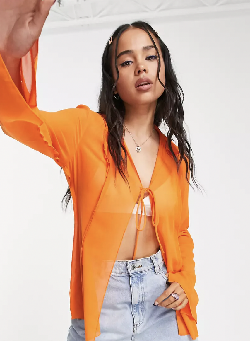 Weekday Polyester Tie Front Blouse in Bright Orange