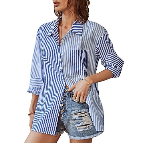 Camisa de Manga Larga para Mujer, Camisa Informal a Rayas, Blusa Informal con Cuello de Solapa Suelta, Blusa de Poliéster de Otoño(L-Azul)