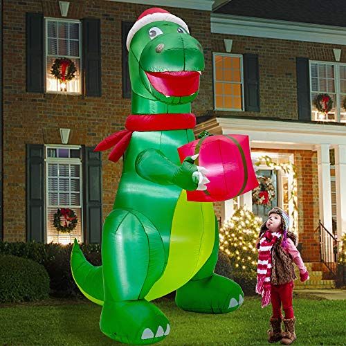 Green Dinosaur with Christmas Hat and Gift Box (8 Feet)