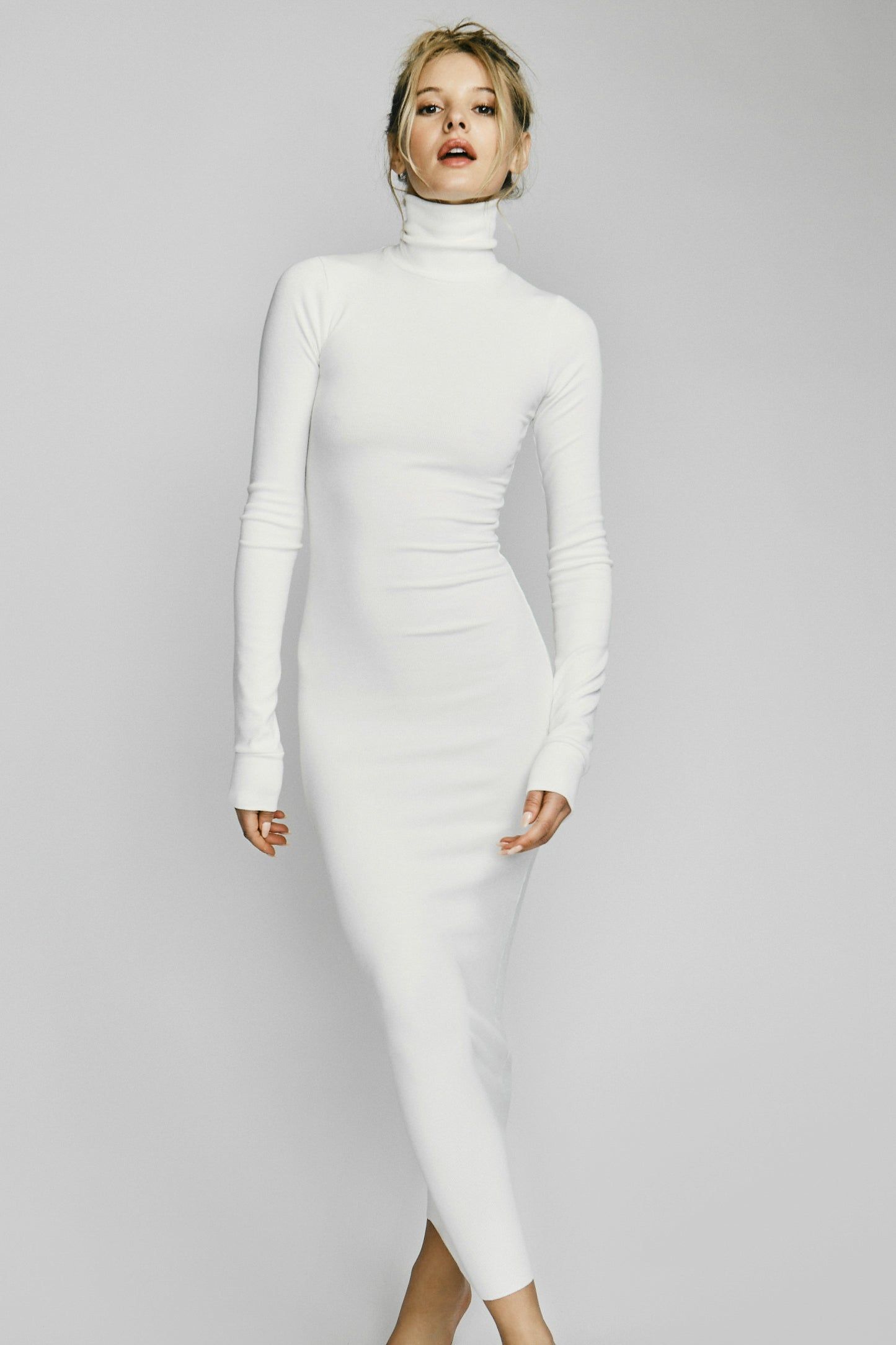 Long-Sleeve Turtleneck Maxi Dress in Cream