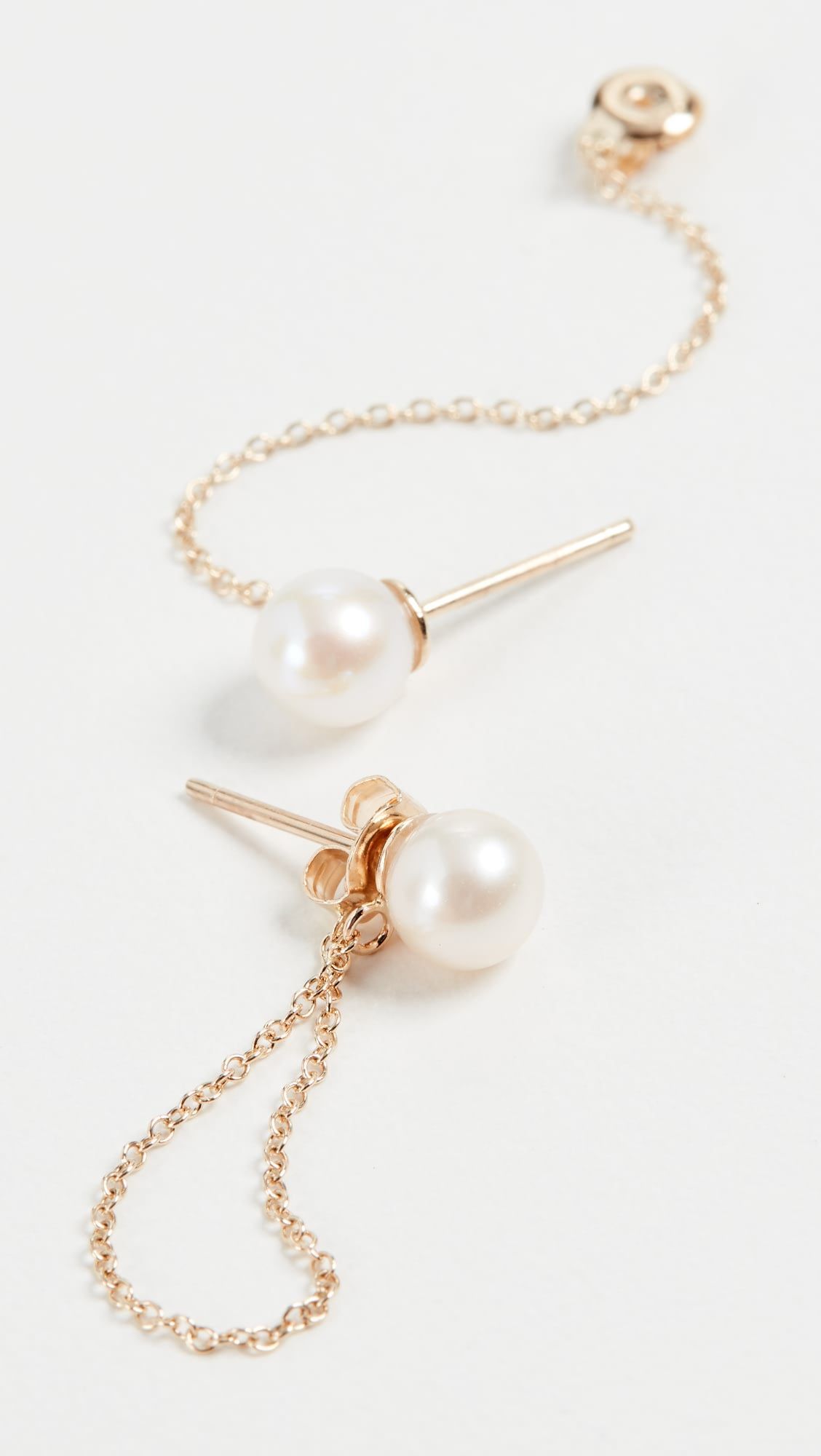 14K Pearl Studs With Chain Drop Earrings