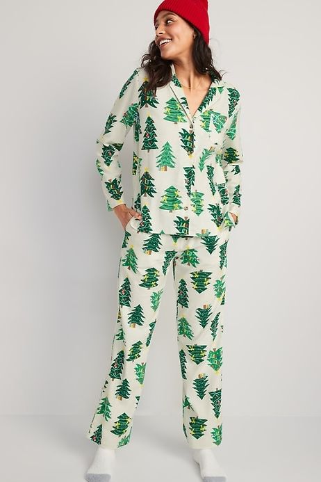 Christmas Tree Printed Flannel Pajama Set