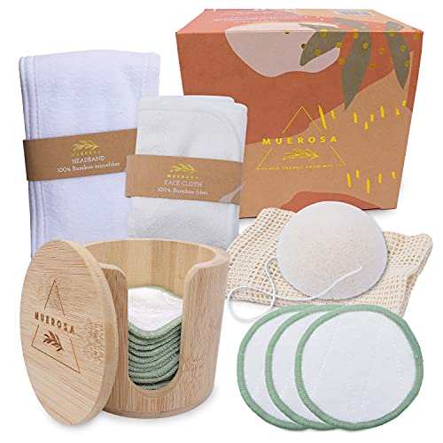 MUEROSA All in One Facial Cleansing Skincare Set | 14 pcs Reusable Bamboo Makeup Remover Pads | Konjac Sponge | Face Cloth | Adjustable Headband | Bamboo Storage Box | Laundry Bag (WHITE EDTION)