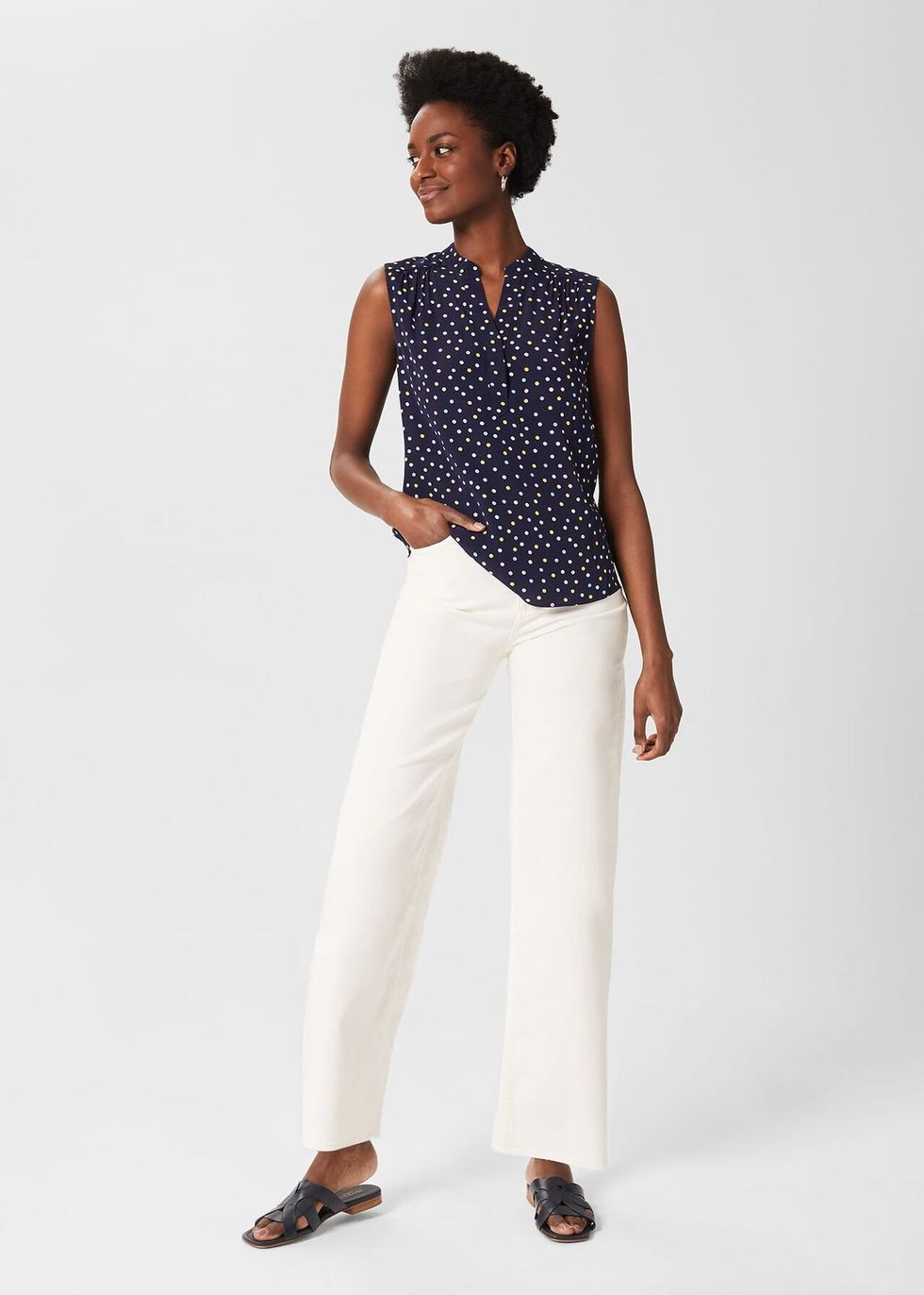 Y.A.S v neck blouse with button detail in black and white polka dot