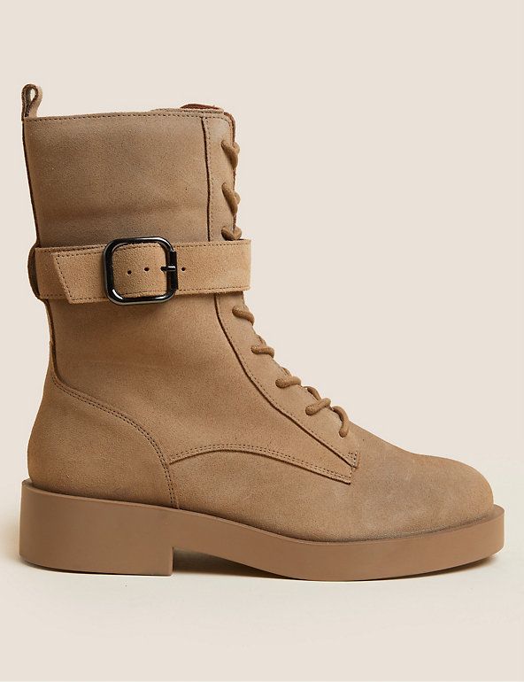 Beige patent buckle lace up boots