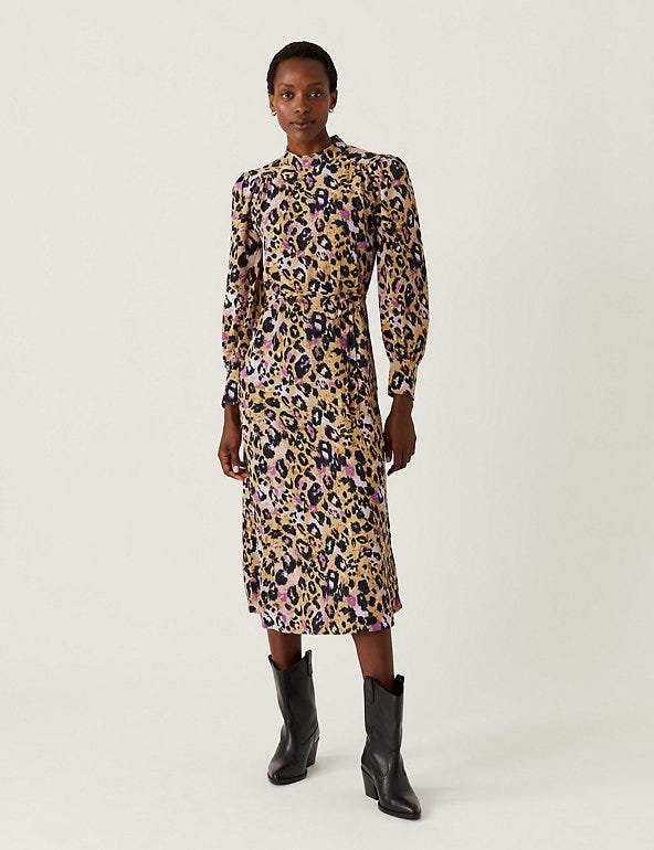 Animal Print Round Neck Midi Column Dress