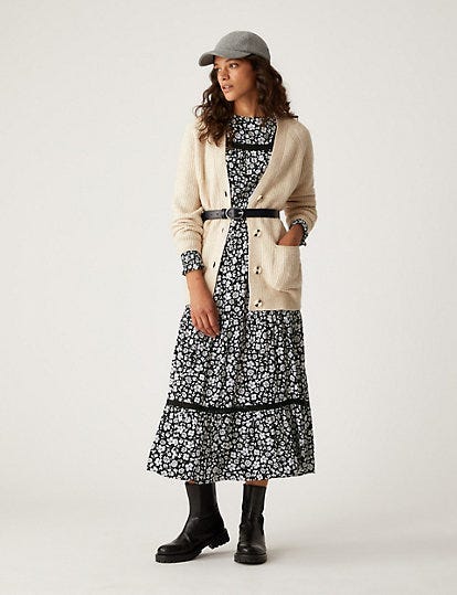 Floral Round Neck Midaxi Waisted Dress