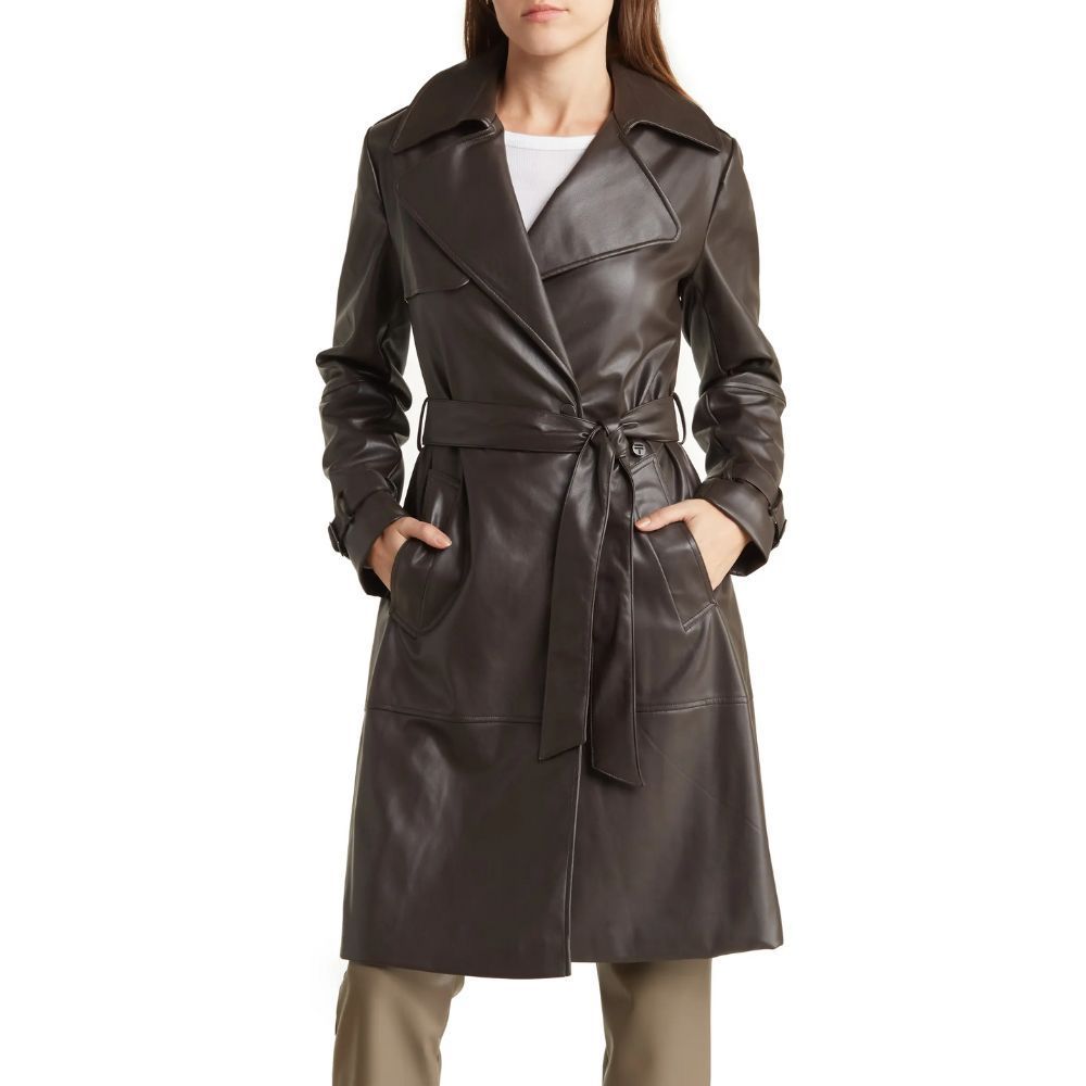 Elle Belted Faux Leather Trench Coat