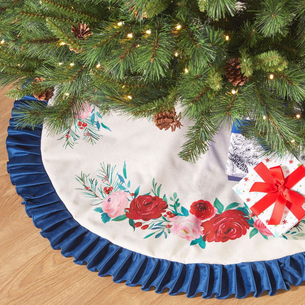 The Pioneer Woman Blue Ruffle & Red Roses Christmas Tree Skirt