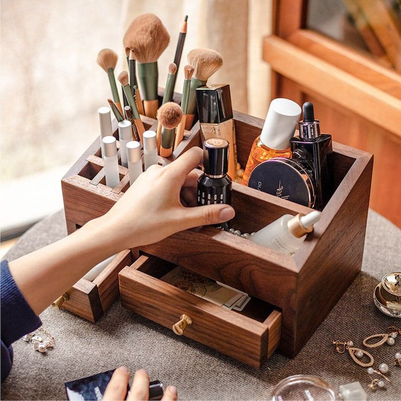 Wood Makeup Organizer Box