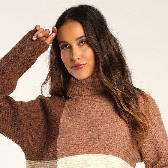 Snow Into You Brown Color Block Turtleneck Pullover Sweater
