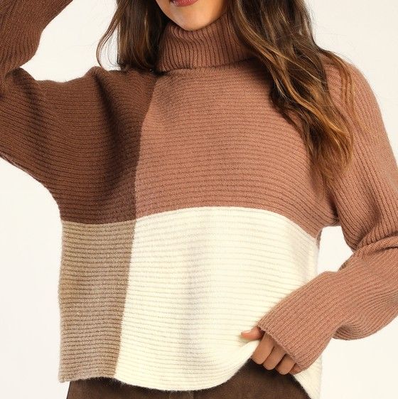 Snow Into You Brown Color Block Turtleneck Pullover Sweater