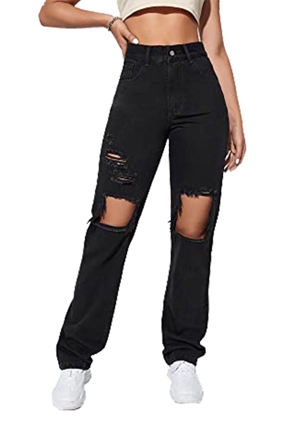 SweatyRocks Women's Straight Wide Leg High Waisted Jeans Ripped Distressed  Cut Out Denim Pants