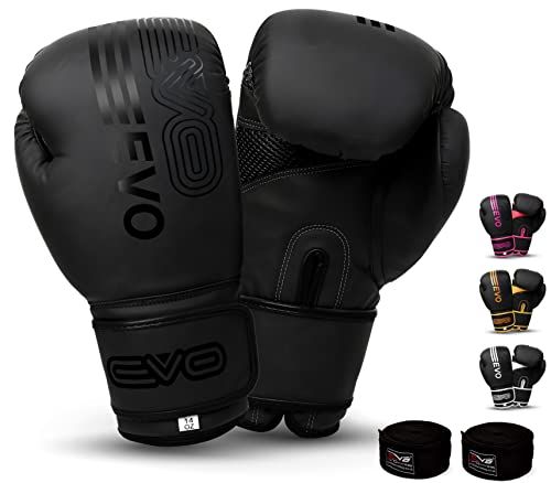 EVO Fitness Matte Black Boxing Gloves Men Punch Bag Women Pink MMA Muay Thai Martial Arts Kick Boxing Sparring Training Fighting Gloves With Hand Wraps (10 OZ, Black)