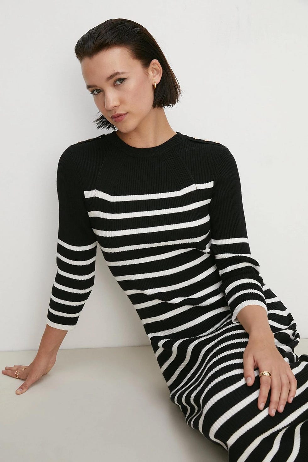 3/4 Sleeve Bretton Rib Knitted Midi Dress