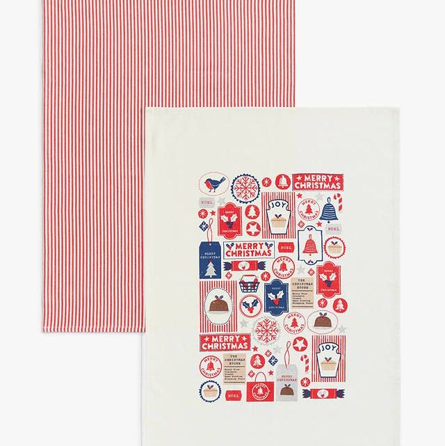 Merry Christmas Cotton Tea Towels, Pack of 2, Red/Multi