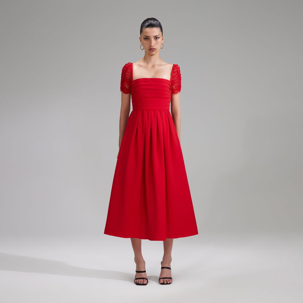 Red Crepe Sleeved Midi Dress