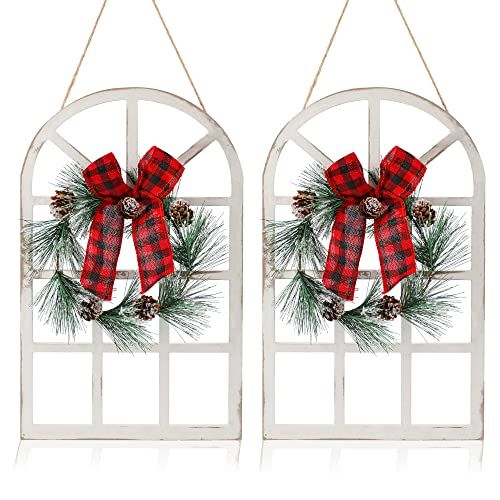 2 Pieces Wood Christmas Holiday Wall Hanging Indoor Outdoor Decorations Rustic Christmas Window Plaque Signs Wooden Arch with Wreath Christmas Home Party