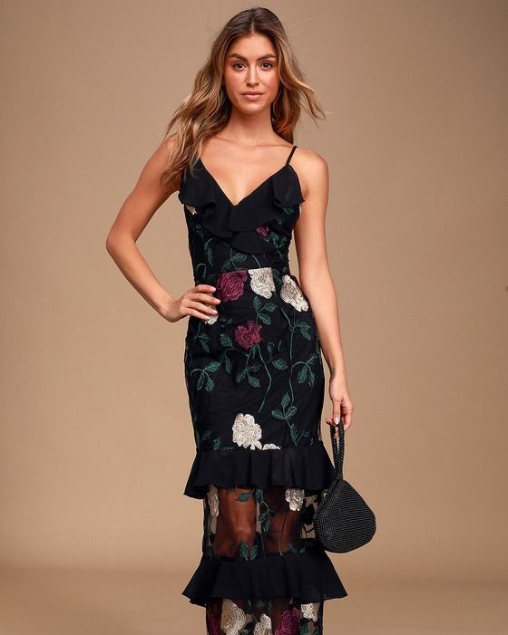True to Heart Black Floral Embroidered Maxi Dress