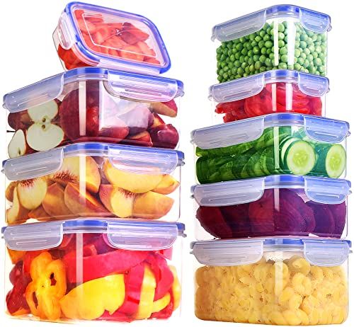 Juego de recipientes de vidrio para almacenar alimentos - 18 piezas (9  recipientes + 9 tapas) con tapa transparente, libre de BPA - Para la cocina