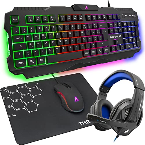 Teclado gaming retroiluminado, con ratón, auriculares y alfombrilla