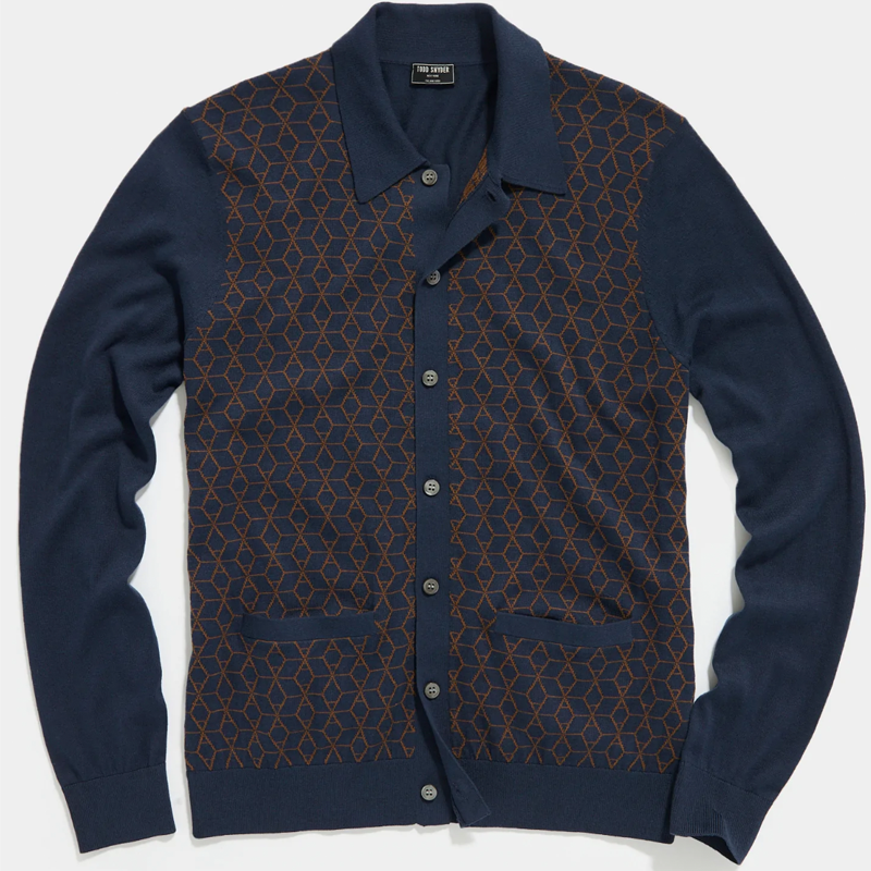 Long Sleeve Cotton Silk Geo Full Placket Sweater Polo