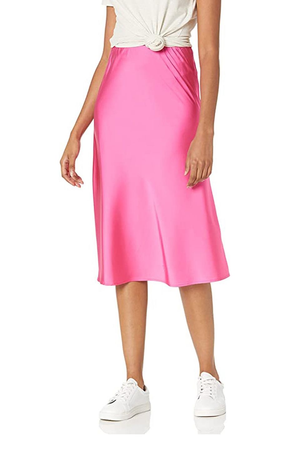 Falda de corte midi satinada en color rosa