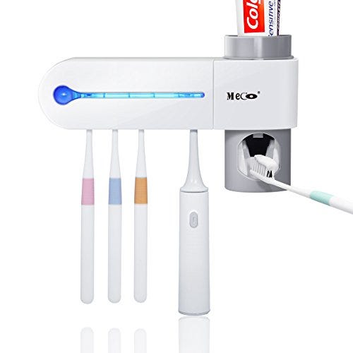 MECO ELEVERDE Portacepillo de Dientes Eléctrico Esterilizador UV Soporte con 5 Ports Dispensador de Pasta de Dientes Soporte de Pared con Cubierta Antipolvo Accesorios de Baño para Infantil, Adulto