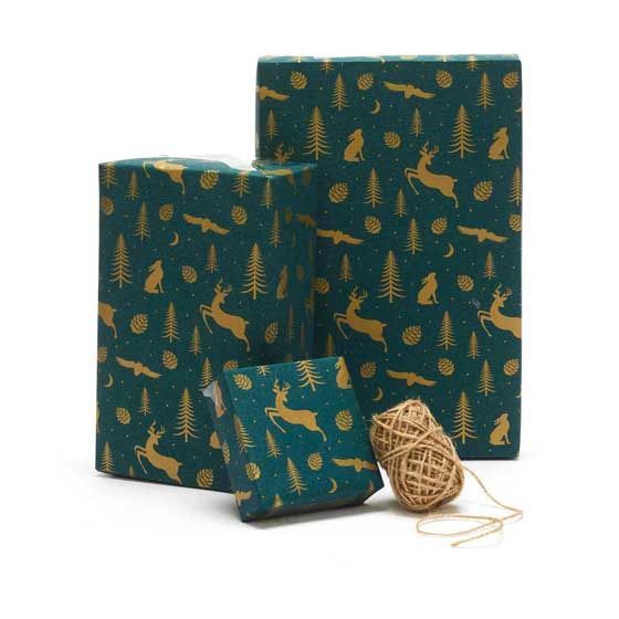 Secret forest recycled green & gold wrapping paper