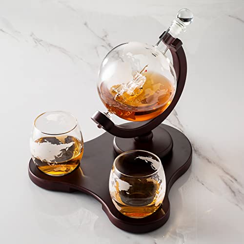 Whiskey Globe Decanter Set with 2 Etched Glasses