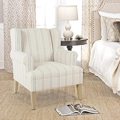 Blue and White Striped Wingback Chair