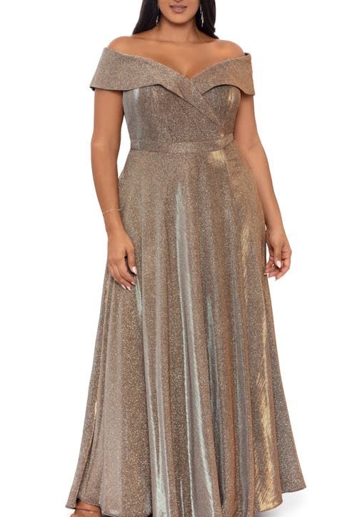 Off the Shoulder Glitter Gown in Sand 