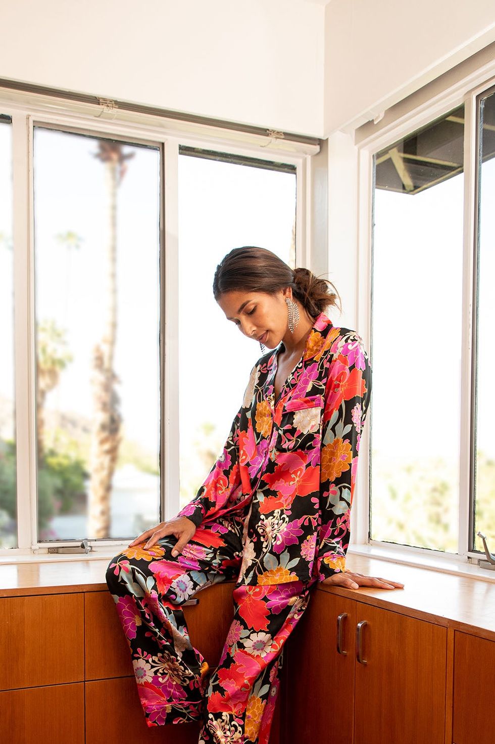 Spring/Summer Pink Silk Satin Womens Pajama Set Short Sleeve Top