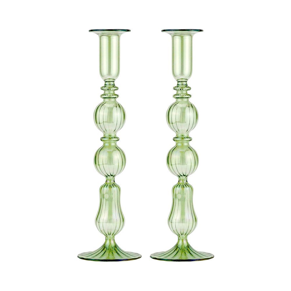 Set-Of-Two Tall Glass Candle Sticks