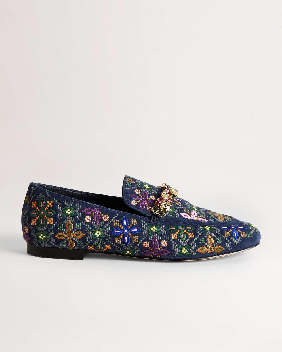 Embellished Trim Loafers - Navy Embroidered