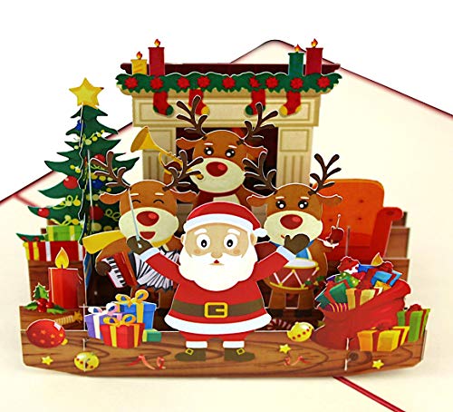 Tarjeta de Navidad Pop up Papá Noel con renos y regalos