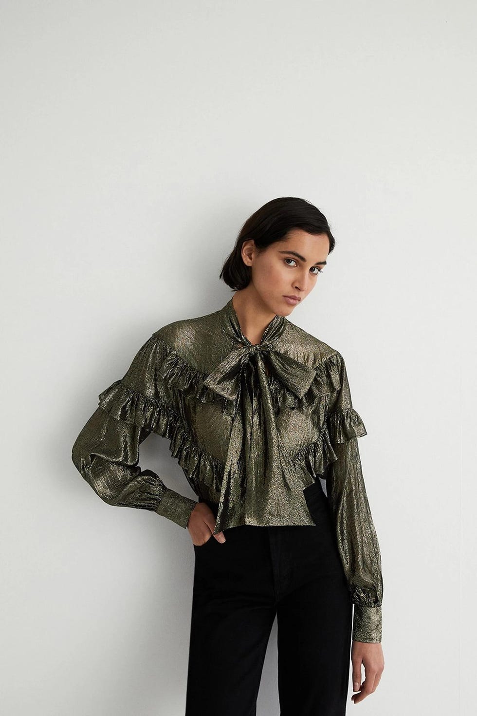 Sparkle Ruffle Detail Tie Neck Blouse