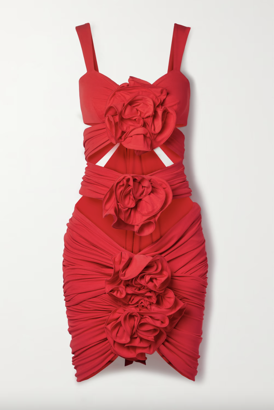 Cutout embellished ruched stretch-crepe mini dress