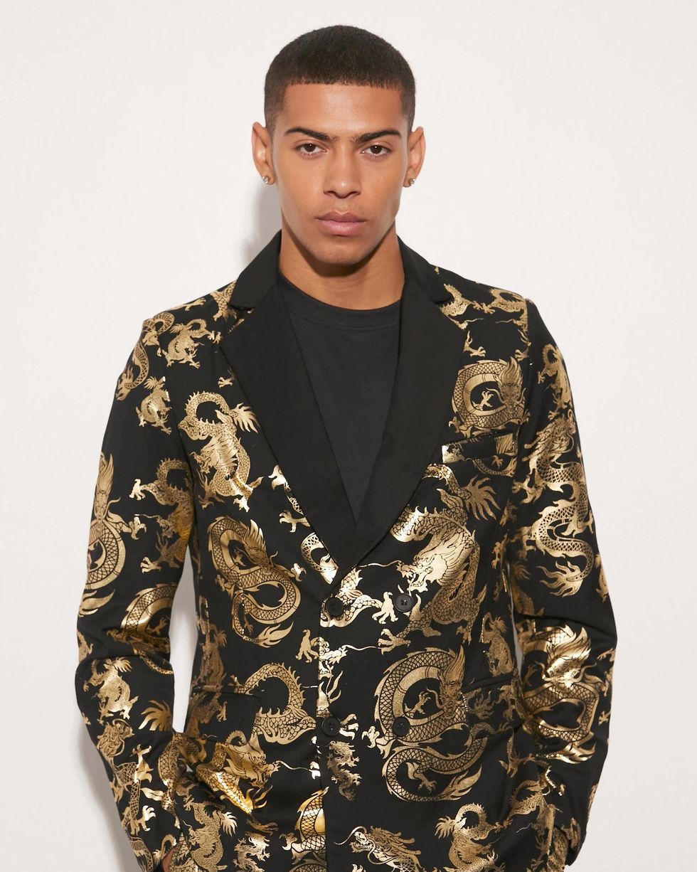 Slim Double Breasted Foil Dragon Suit Jacket