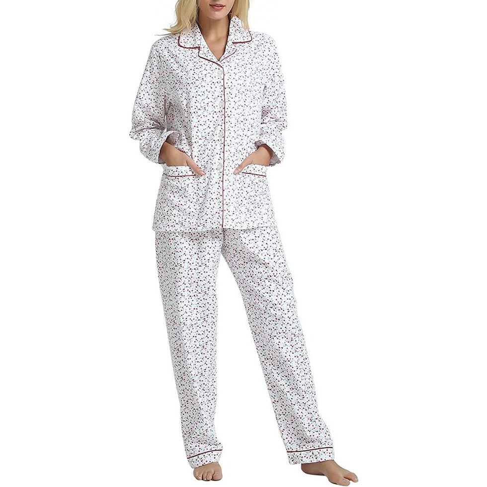 Noble Mount 100% Cotton Pajama Set for Women - Stripes White-Red - Large at   Women's Clothing store