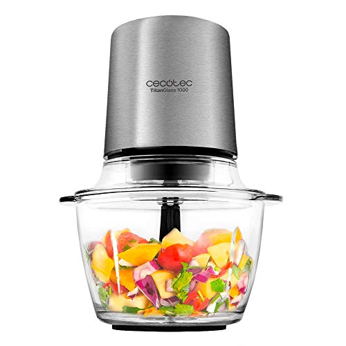 Cecotec Picadora Eléctrica TitanGlass 1000. 400 W, Multifuncion: Pica, Tritura, Pulveriza, Trocea, Cuchillas con Recubrimiento de Titanio Desmontables, Capacidad 1l, Vidrio Resistente