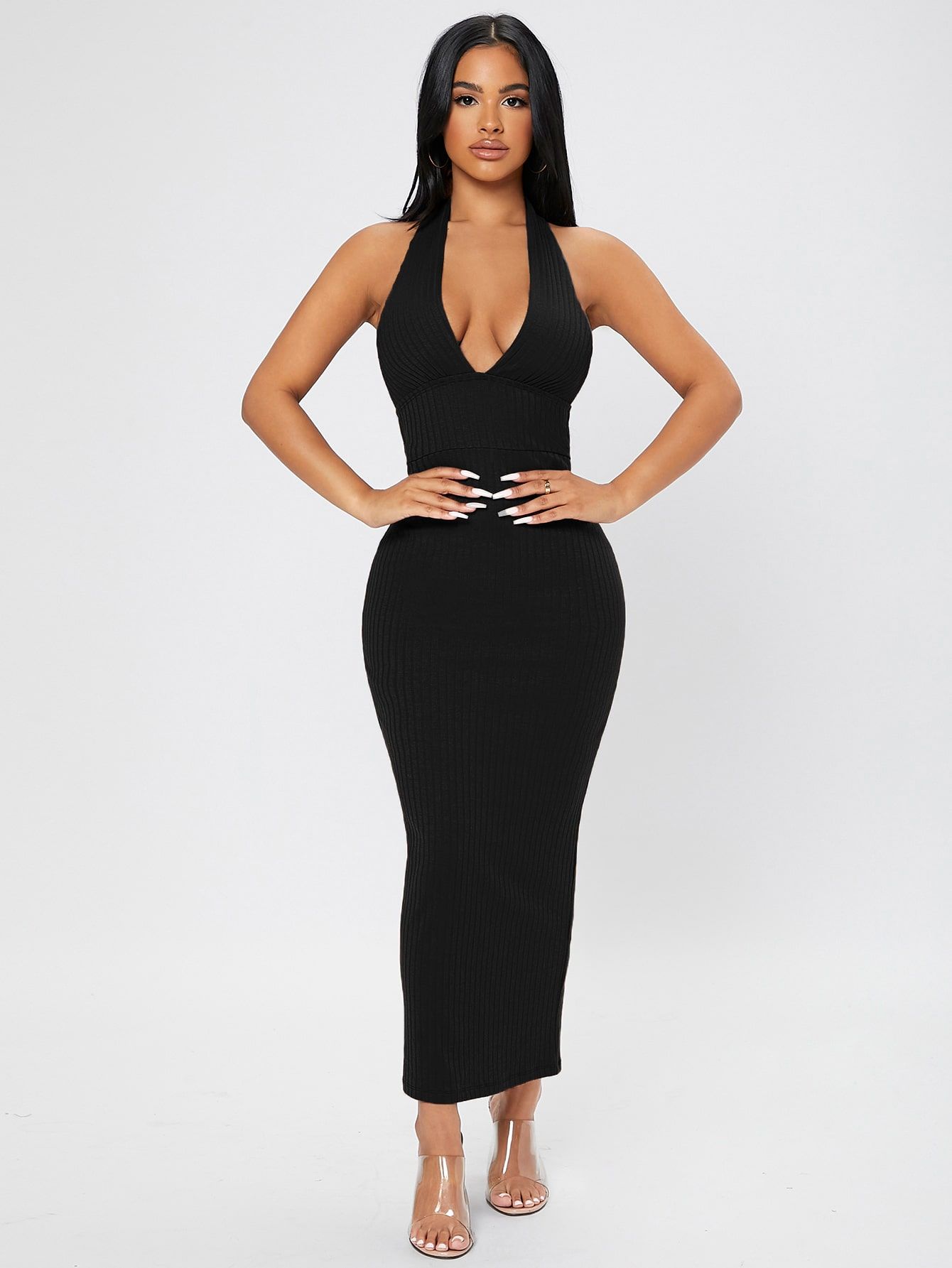Ribbed Knit Tie Backless Halter Bodycon Dress