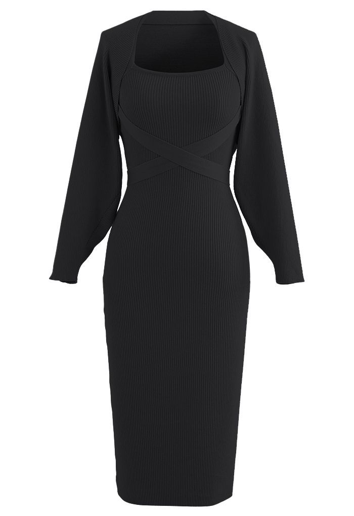 Halter Neck Bodycon Knit Dress with Sweater Sleeve in Black