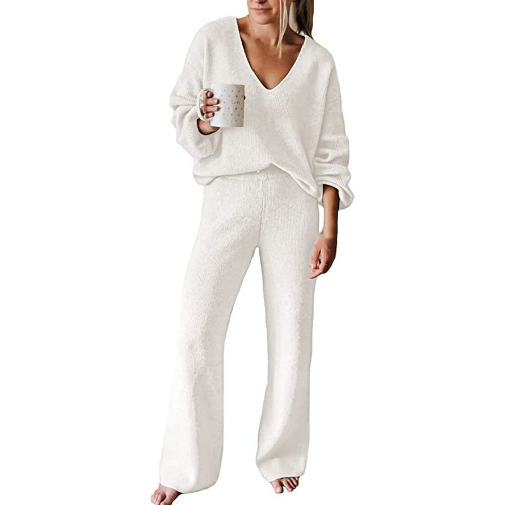 Knit V-Neck Sweater and Pant Lounge Sweatsuit