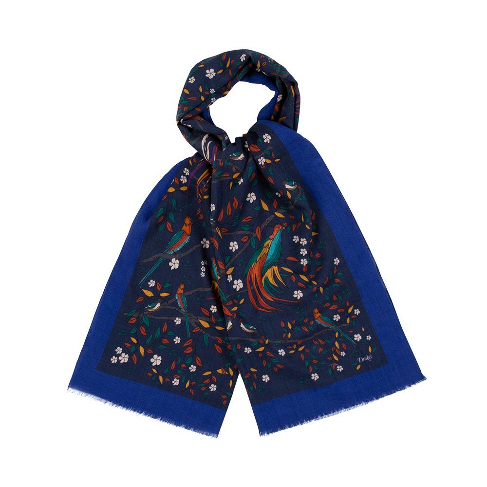 Navy Birds of Paradise Print Wool Scarf