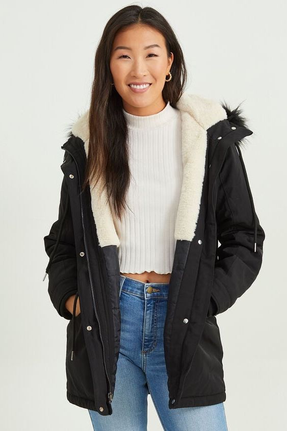 Hollister Padded Parka With Faux Fur Hood in Black