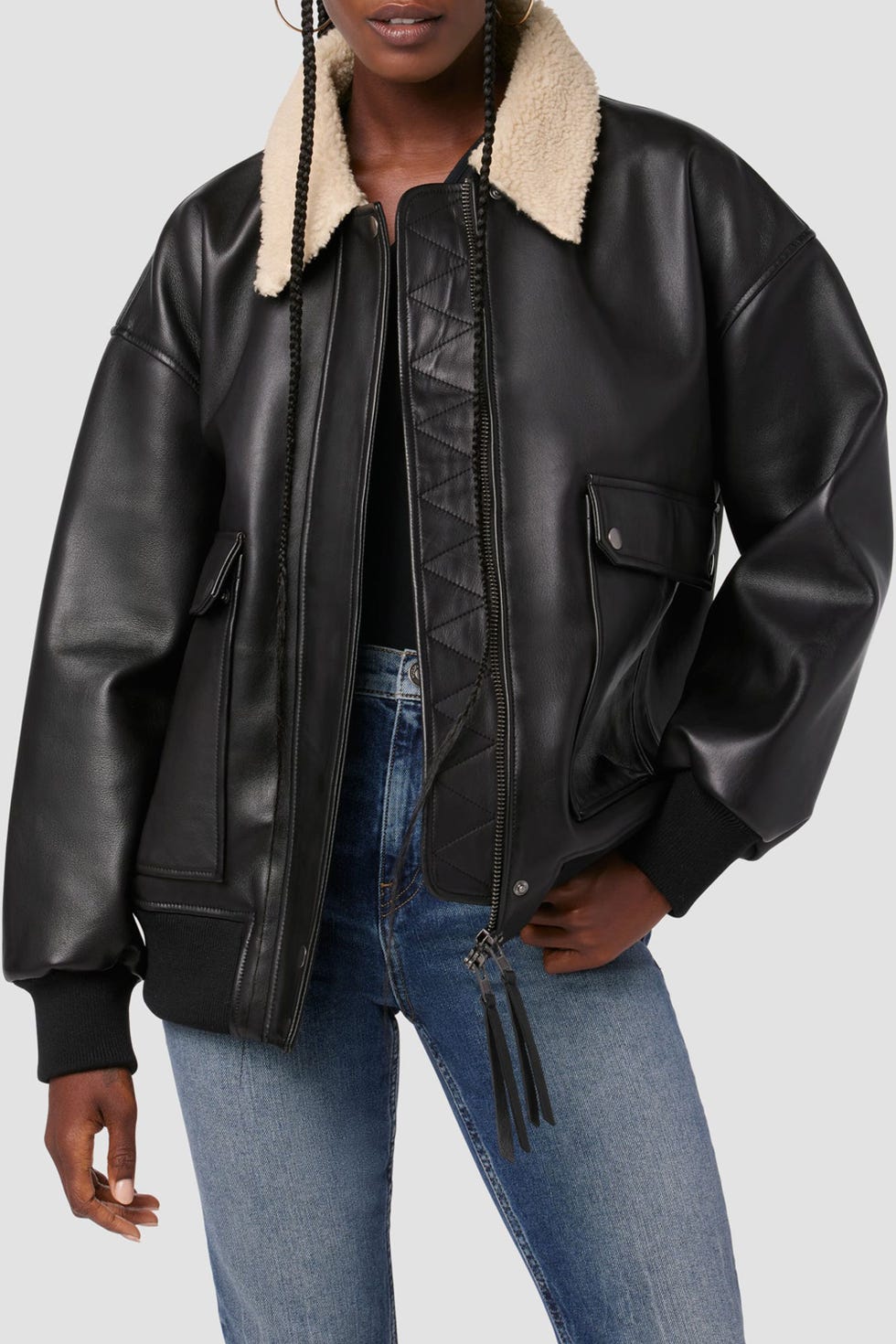 Grlfrnd The Oversized Leather Bomber in Black - Size XL